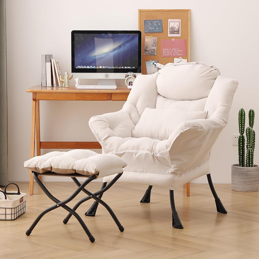 Lazy Chair with Ottoman, Modern Accent Chair with Lumbar Pillow, Beige Sofa, Armchairs with Folding Footrest, Oversized Supportive Chairs for Bedroom, Reading