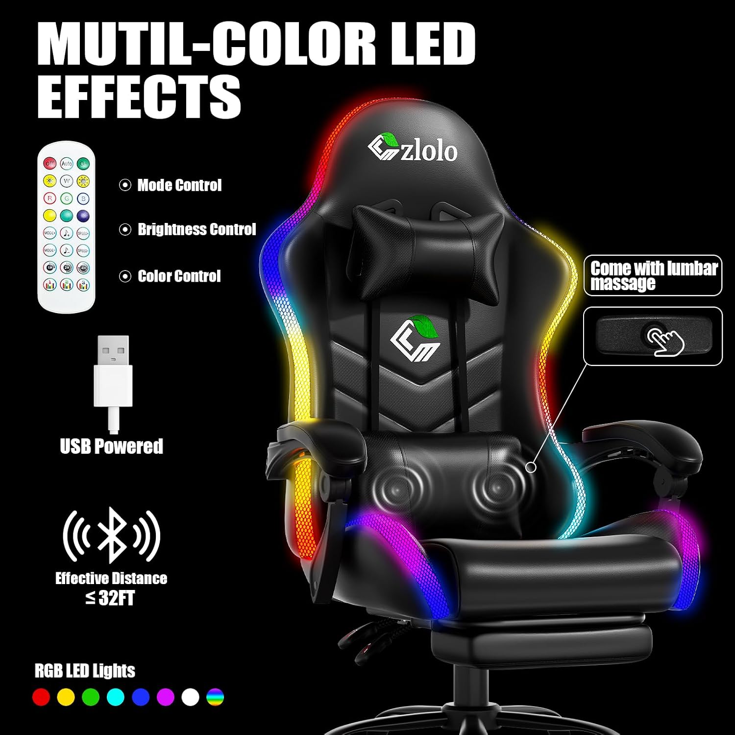Czlolo Gaming Chair, 2026 Upgraded RGB LED Lights Computer Chair with Footrest, Lumbar Support Massager Gamer Chair, High Back, 90-135° Reclining, Linkage Armrests, Black