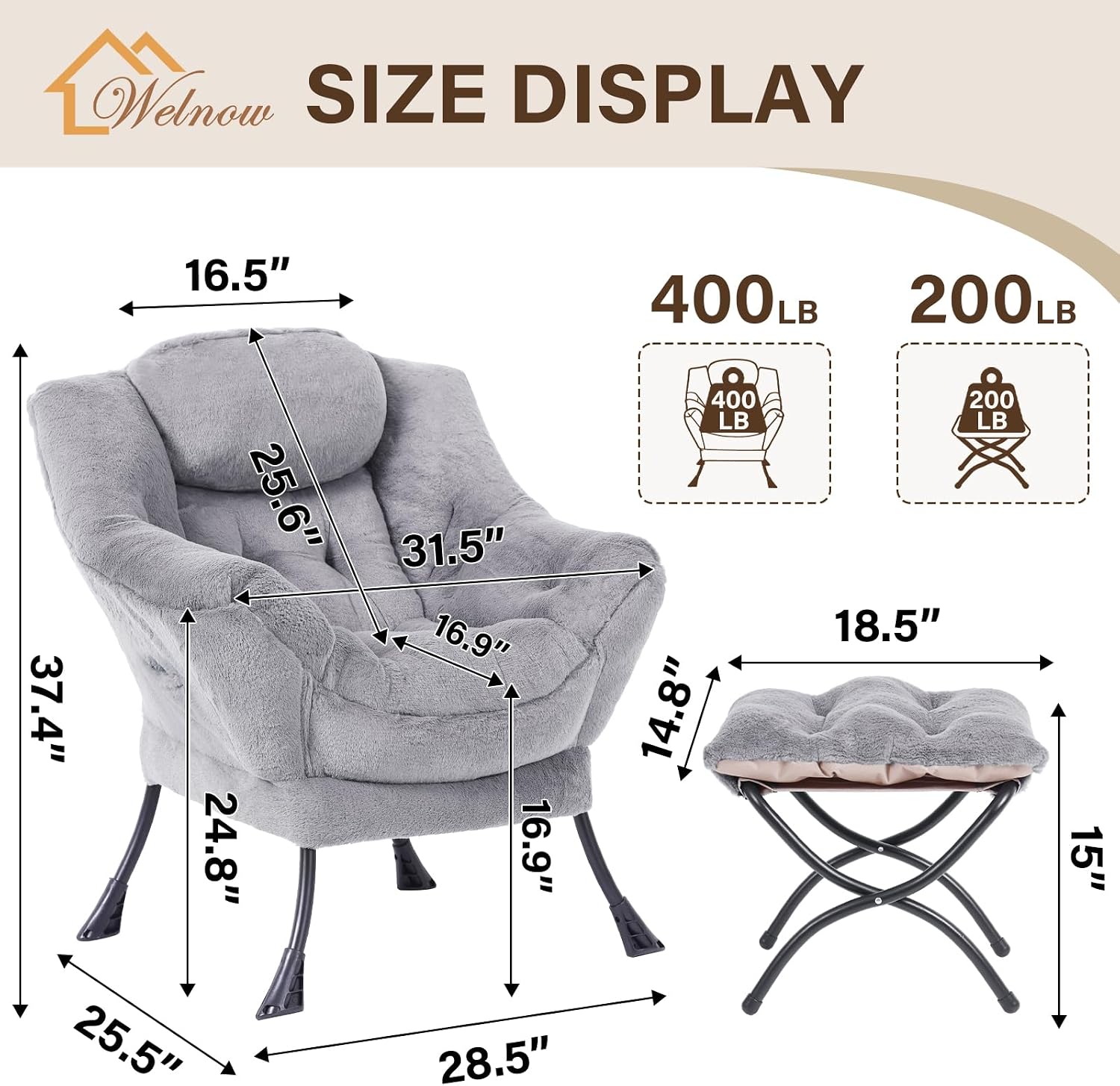 Welnow Lazy Chair with Ottoman, Modern Accent Chair with Armrests and a Side Pocket, Leisure Sofa Armchair, Reading Armchair with Footrest for Small Space, Plush Grey