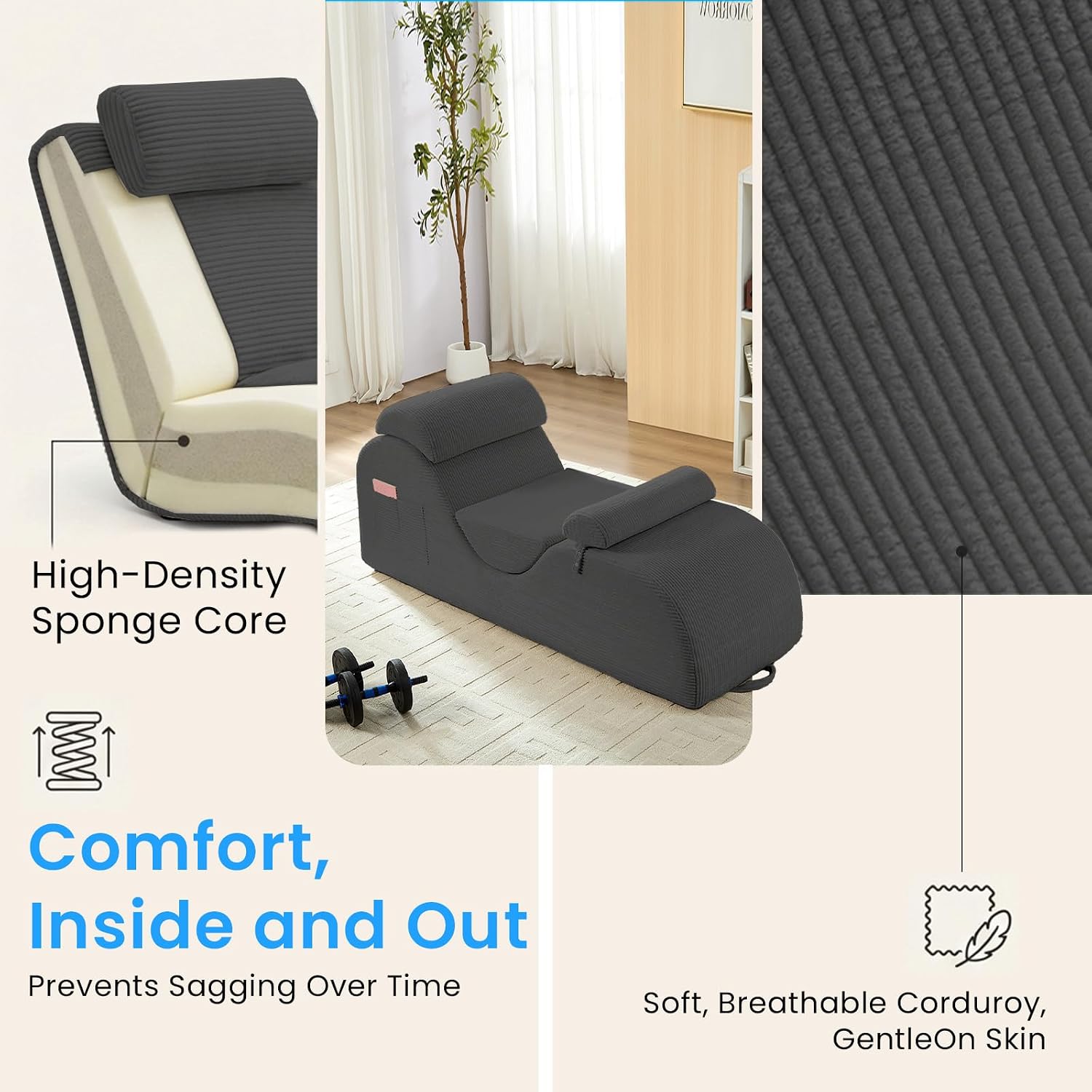 ijuicy 25' Wide Ergonomic Stretch Yoga Chair, Modern Floor Relax Chaise Lounge Chair with Adjustable Headrest, Waist Support Cushion, Movable Footrest & Side Pockets-Light Grey