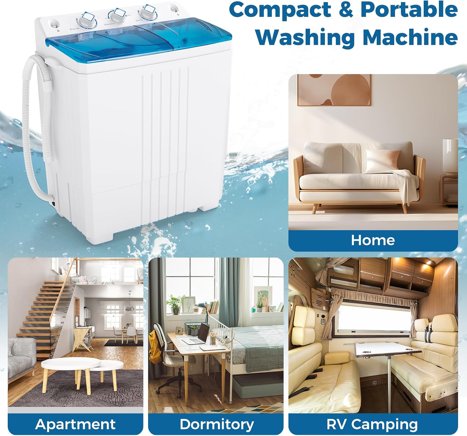 COSTWAY Portable Washing Machine, Twin Tub 20 Lbs Capacity with Drain Pump, Laundry Washer 12 Lbs and Spinner 8 Lbs with Timer Control, Perfect for Apartment Dorm RV, Blue+White