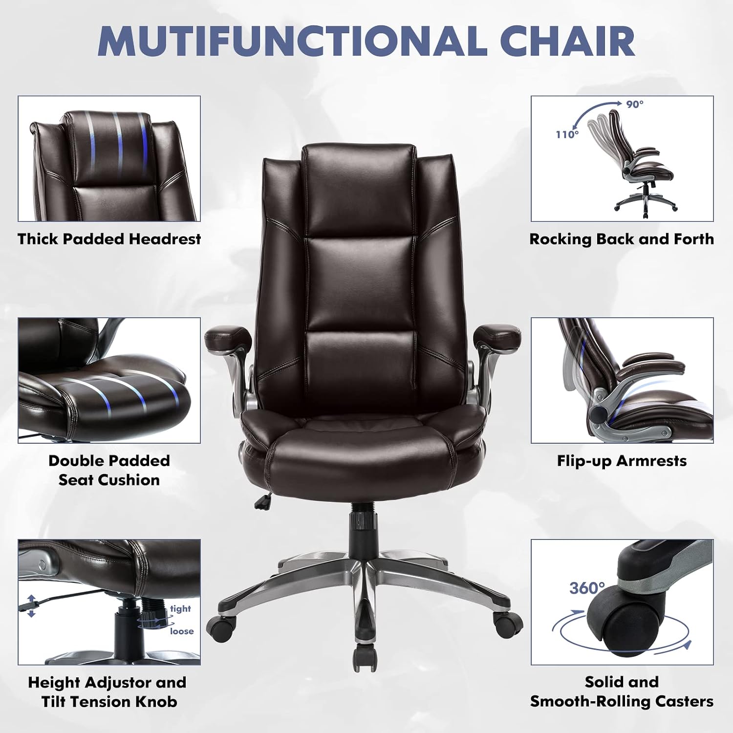 COLAMY Leather Executive Office Chair - High Back Ergonomic Home Computer Desk Chair with Padded Flip-up Arms, Adjustable Tilt Lock, Swivel Rolling Chair for Adult Working Study, Brown