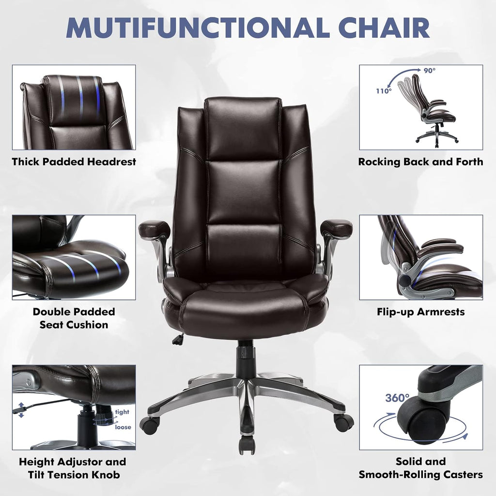 COLAMY Leather Executive Office Chair Set of 2 - High Back Ergonomic Home Computer Desk Chair with Padded Flip-up Arms, Adjustable Tilt Lock, Swivel Rolling Chair for Adult Working Study, Brown