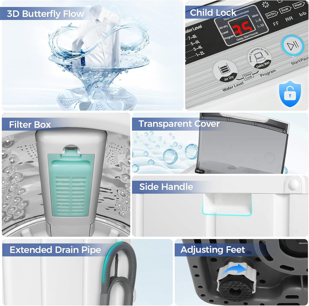 Nictemaw Portable Washing Machine 20Lbs Capacity 2.8 Cu.ft Portable Washer and Dryer Combo with 10 Programs and 8 Water Level Selections Compact Washer Machine for Apartments, Home, Dorms, Rv