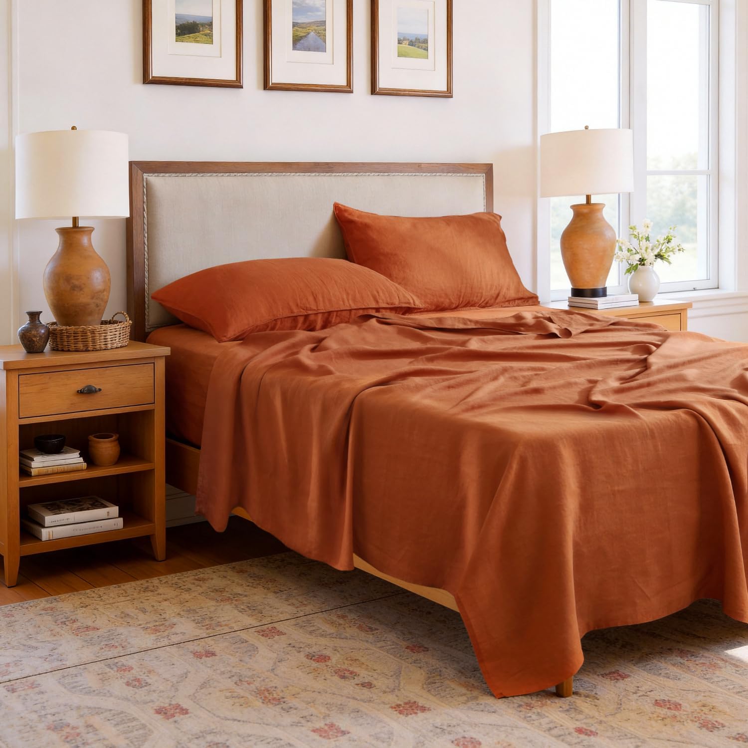 S VICTORY SYMBOL 100% Organic Linen Sheets Set King Size,Natural French Linen Bed Sheets,Stone Washed 4 Pieces Bedding Set,Ultra Soft Luxurious(Caramel,King)