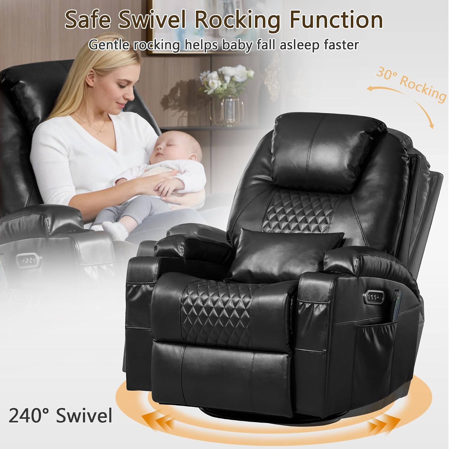Dual Motor Power Swivel Rocker Recliner Chair with Heat and Massage,Electric Glider Rocking Chairs for Nursery,Theater Seating with LED Lights, USB A/USB C Ports for Living Room (1, Black)