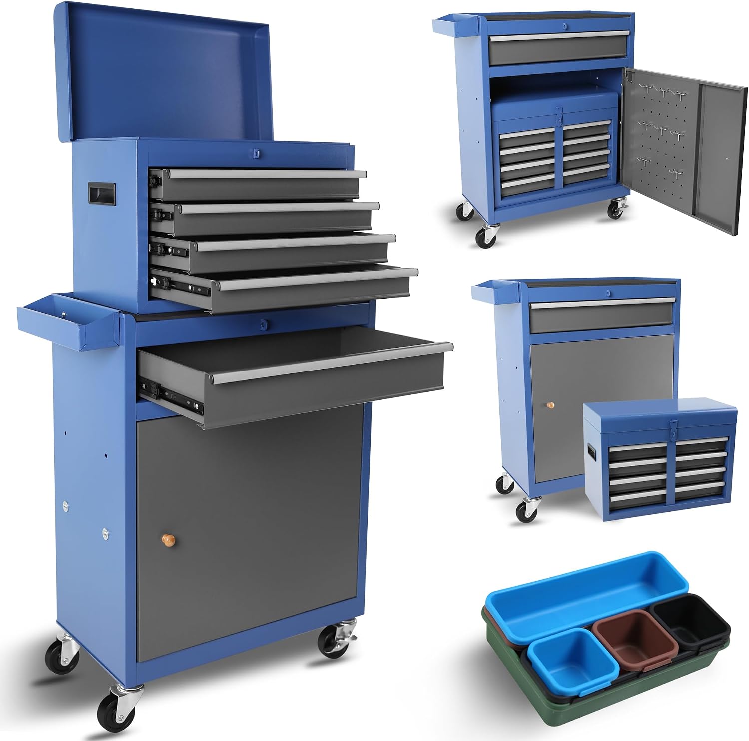 Large Rolling Tool Chest,5-Drawer Tool Boxes On Wheels with Organizer Bins,Mobile Steel Detachable Tool Cabinet with Hooks,Adjustable Shelf & Locking System for Workshop Garage Grey