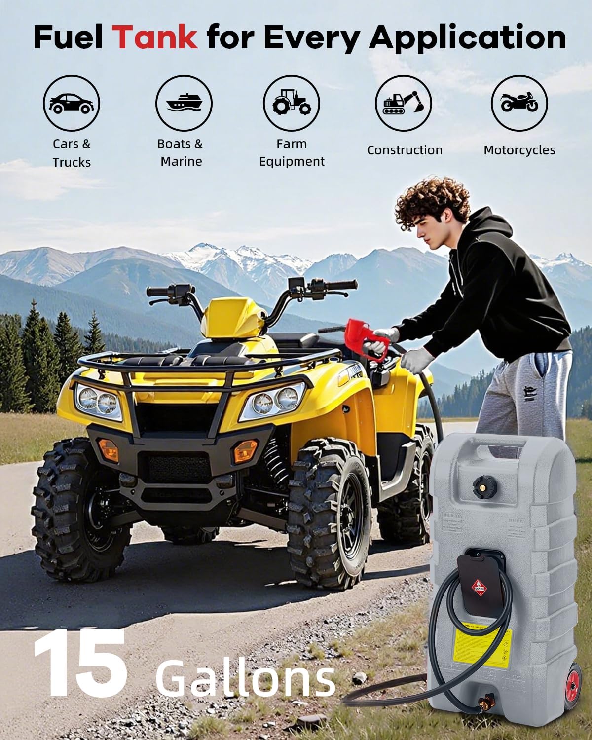 15 Gallon Gas Caddy, Heavy-Duty Gas Can and Fuel Caddy with Manual Fuel Transfer Pump, Portable Fuel Tank on Wheels with 10 ft Hose for Lawn Mowers, Cars, Boats, ATVs, Home and Farm Use, Grey