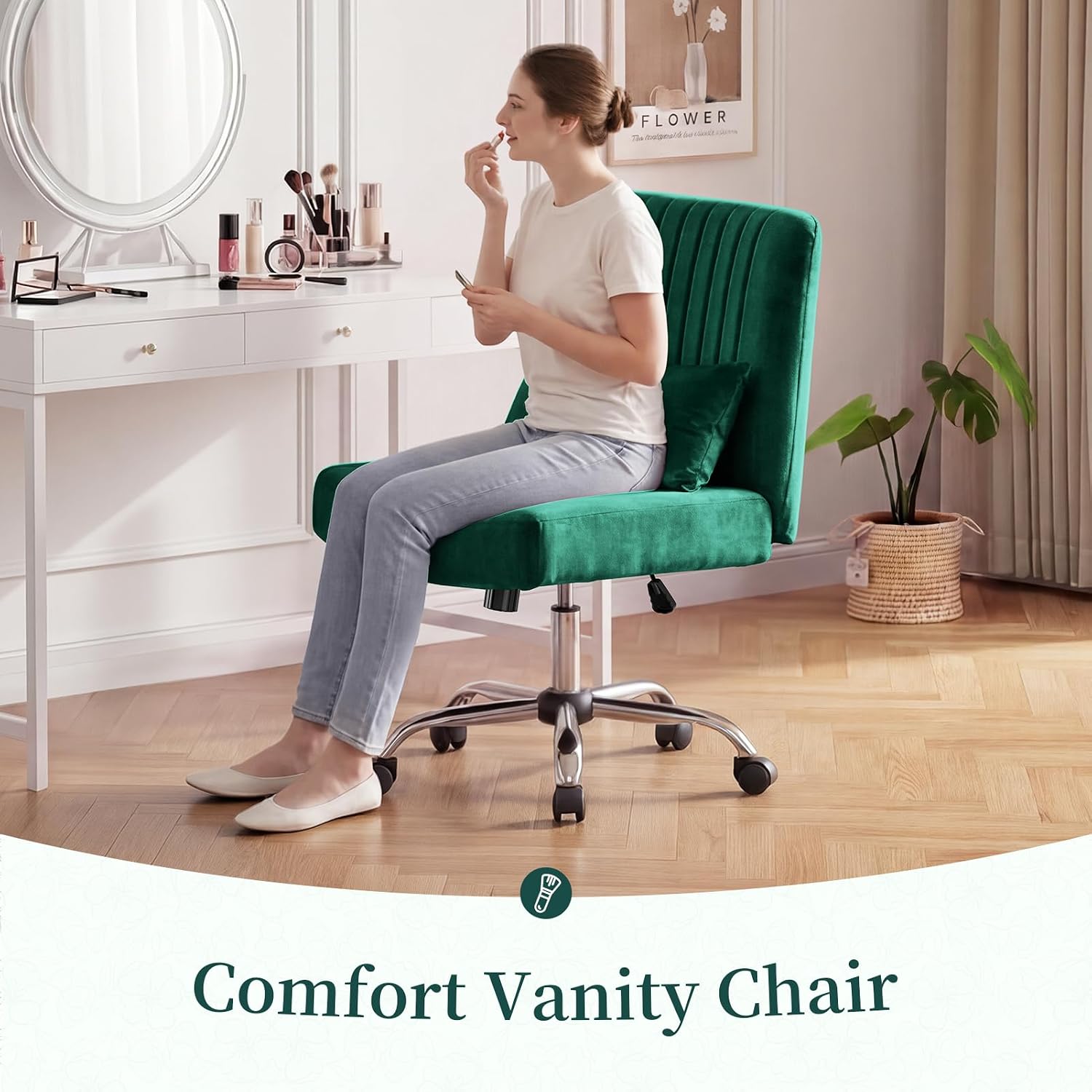 Warmiehomy Velvet Criss Cross Office Chair with Wheels, Luxury Cross Legged Desk Chair for Bedroom, Armless Wide Seat Computer Chair, Modern Vanity Chair, Gift for Teens & Girlfriend, Emerald Green