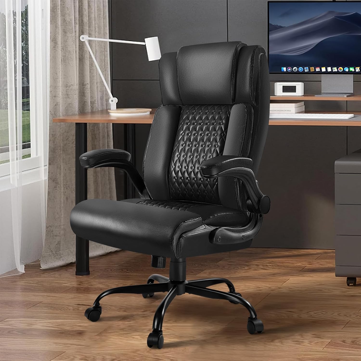 VITESSE Executive Office Chair,Heavy Duty Chair with Flip up Armrest,Ergonomic High Back Computer Gaming Chairs Home Office 400lbs, Big and Tall Office Chair with Lumbar Support（Black）
