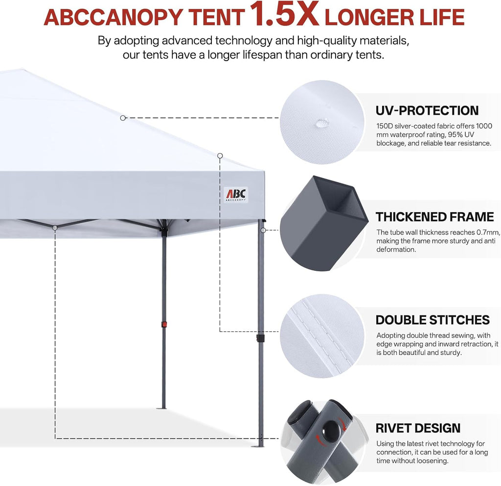 ABCCANOPY 10x20 Pop Up Canopy Tent, Easy Setup Instant Shelter with Wheeled Bag, Heavy Duty Outdoor Canopy for Beach, Market, Backyard, UV Protection, Outdoor Weather Protection (White, 10x20)