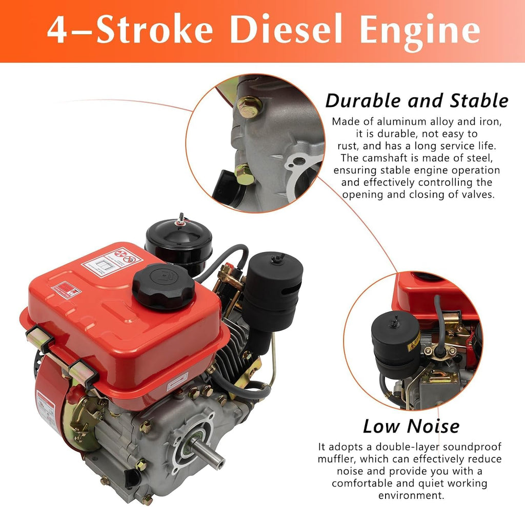 Diesel Engine, 196Cc 4-Stroke Single-Cylinder Diesel Engine, 3HP Engine with Air-Cooled Recoil Starter Systemdiesel Engine for Go-Karts, Lawnmowers, Generators, Log Cutters