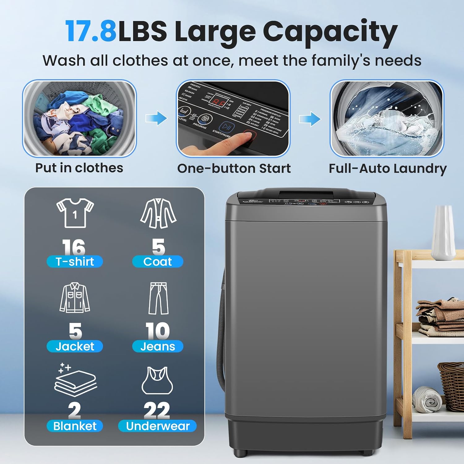 Portable Washing Machine 17.8lbs, 2.4 Cu.ft Full Automatic Washing Machine with Drain Pump, Portable Washer with 10 Wash Programs & 8 Water Levels for Apartment, Home, Dorm, RV