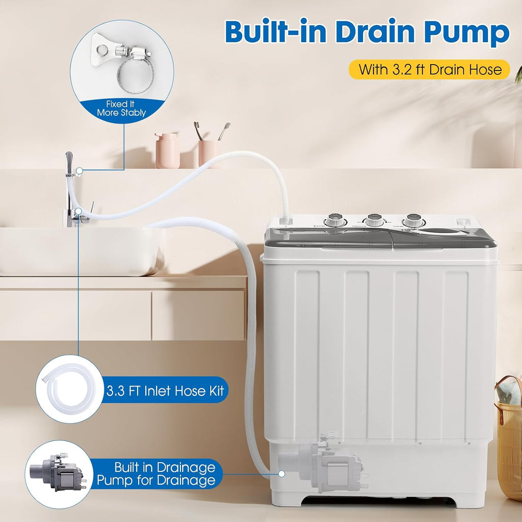 Portable Washing Machine Twin Tub - 28lbs Compact Washer(18lbs) and Dryer(10lbs) Combo with Drain Pump - Mini Laundry Machine for Apartments, Dorms, RVs, and Camping - Grey