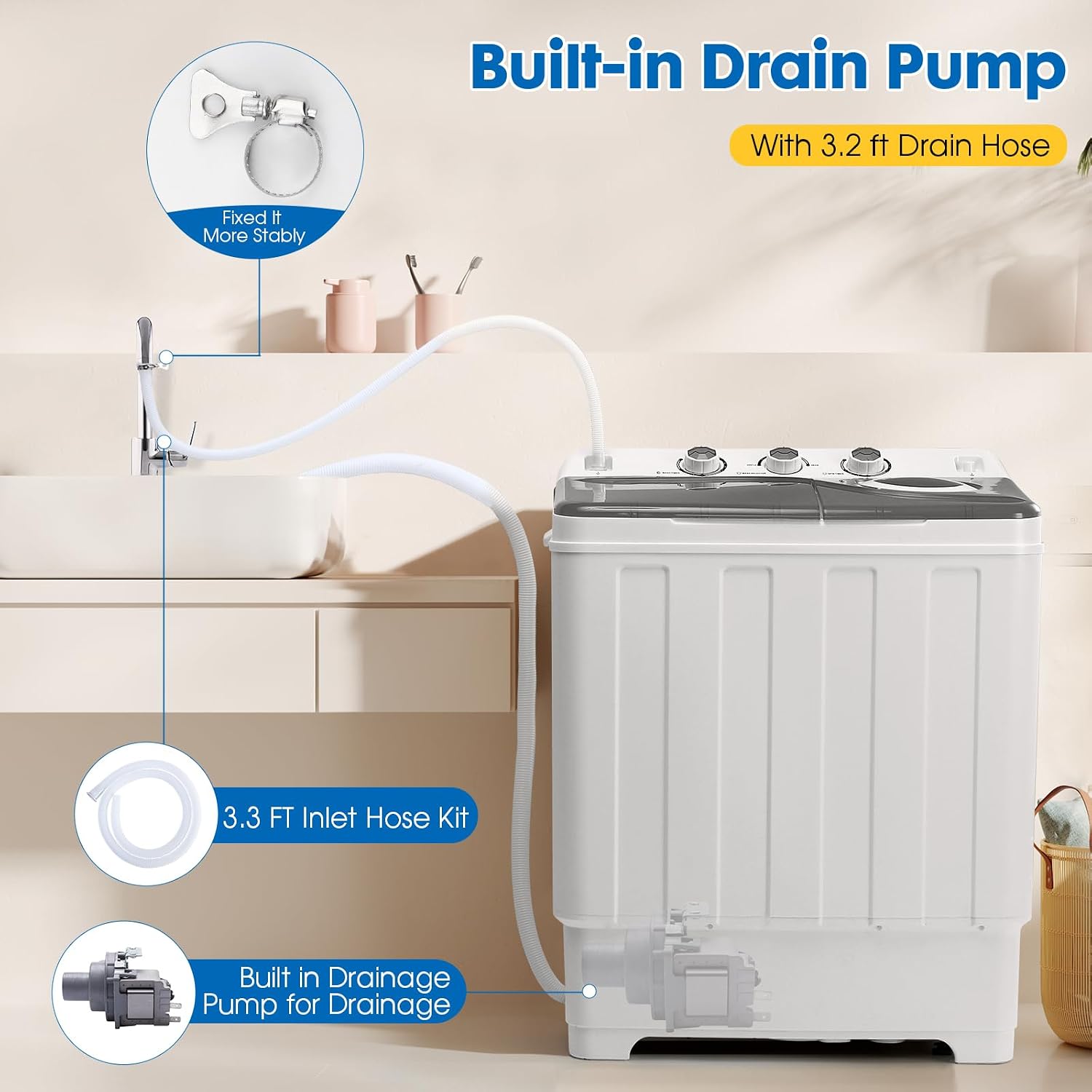 Portable Washing Machine Twin Tub - 28lbs Compact Washer(18lbs) and Dryer(10lbs) Combo with Drain Pump - Mini Laundry Machine for Apartments, Dorms, RVs, and Camping - Grey