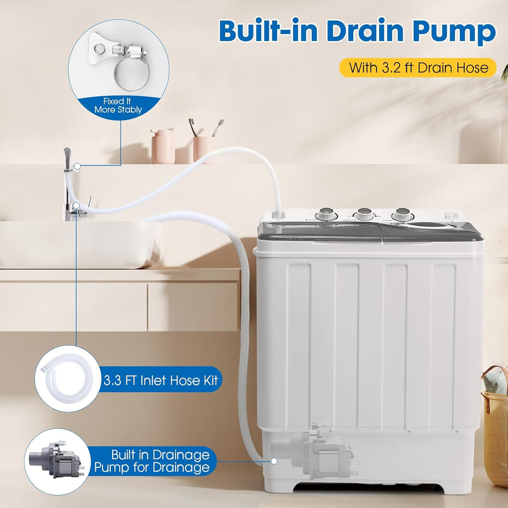 Portable Washing Machine, 28lbs Twin Tub with Drain Pump and Hose, 18lbs Wash 10lbs Spin Cycle, Compact Semi-Automatic Washer and Spinner Combo for Apartments, Dorms, RVs, Camping, Grey