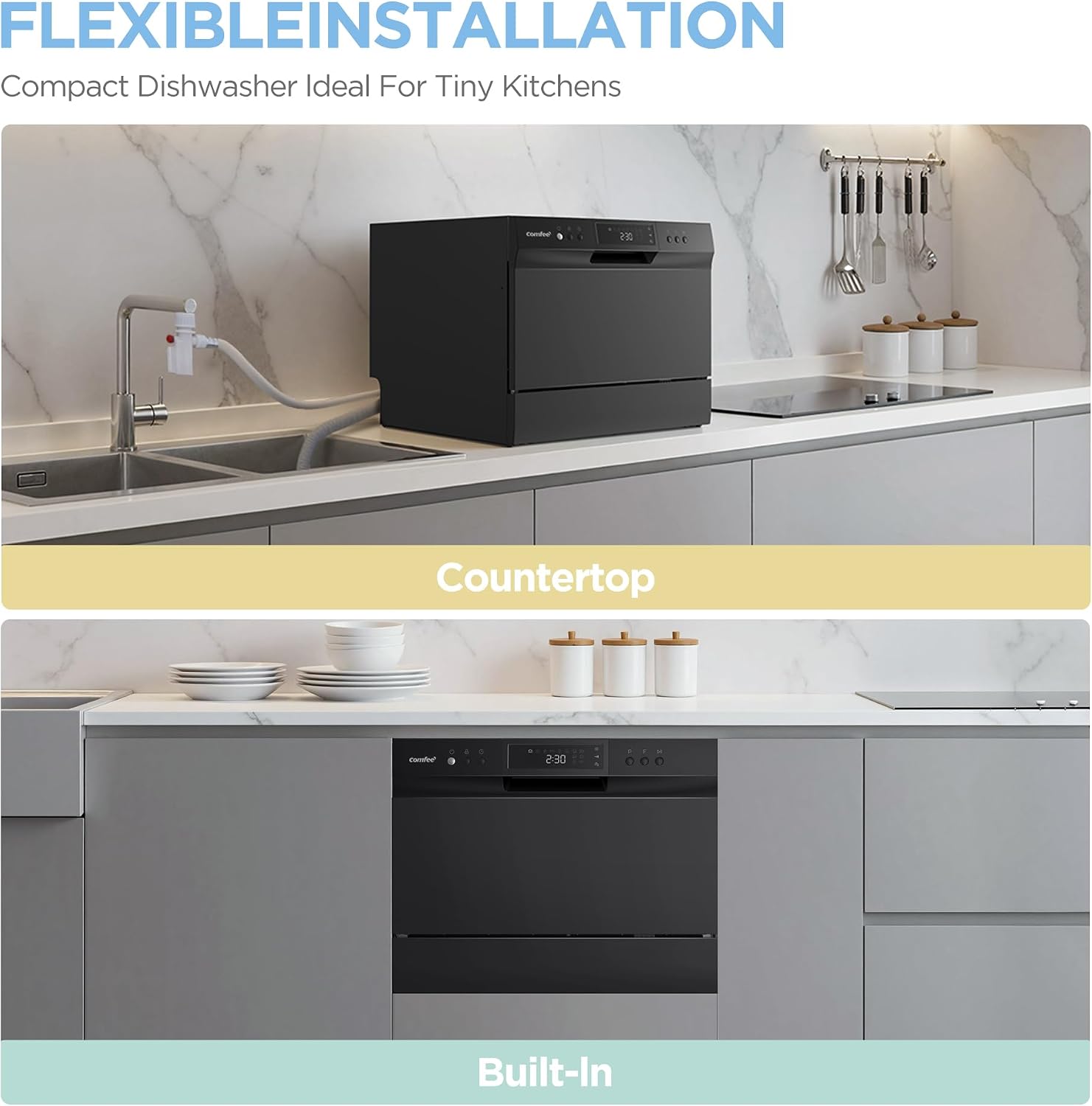 COMFEE' Countertop Dishwasher, Energy Star Portable Dishwasher, 6 Place Settings & 8 Washing Programs, Speed, Baby-Care, ECO& Glass, Dish Washer for Dorm, RV& Apartment, Black