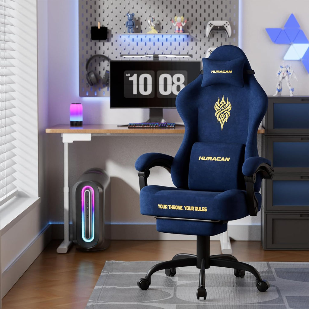 Ferghana Velvet Fabric Gaming Chair with 20.5″ Wider Seat Cushion, Fire Embroidery Ergonomic High Back Game Chair with Footrest, Computer Chair with Massage Lumbar Support for Adult, Navy