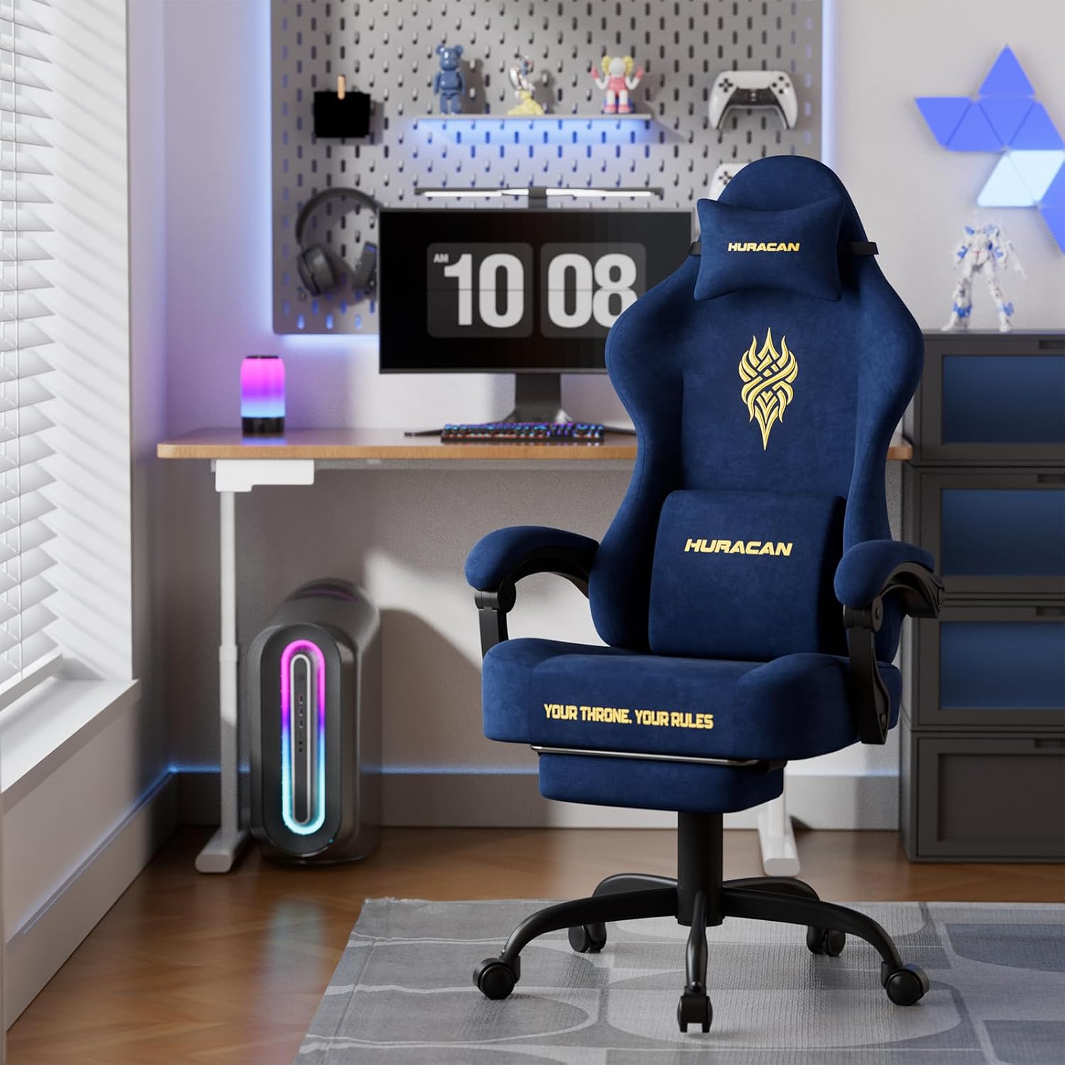Ferghana Velvet Fabric Gaming Chair with 20.5″ Wider Seat Cushion, Fire Embroidery Ergonomic High Back Game Chair with Footrest, Computer Chair with Massage Lumbar Support for Adult, Navy