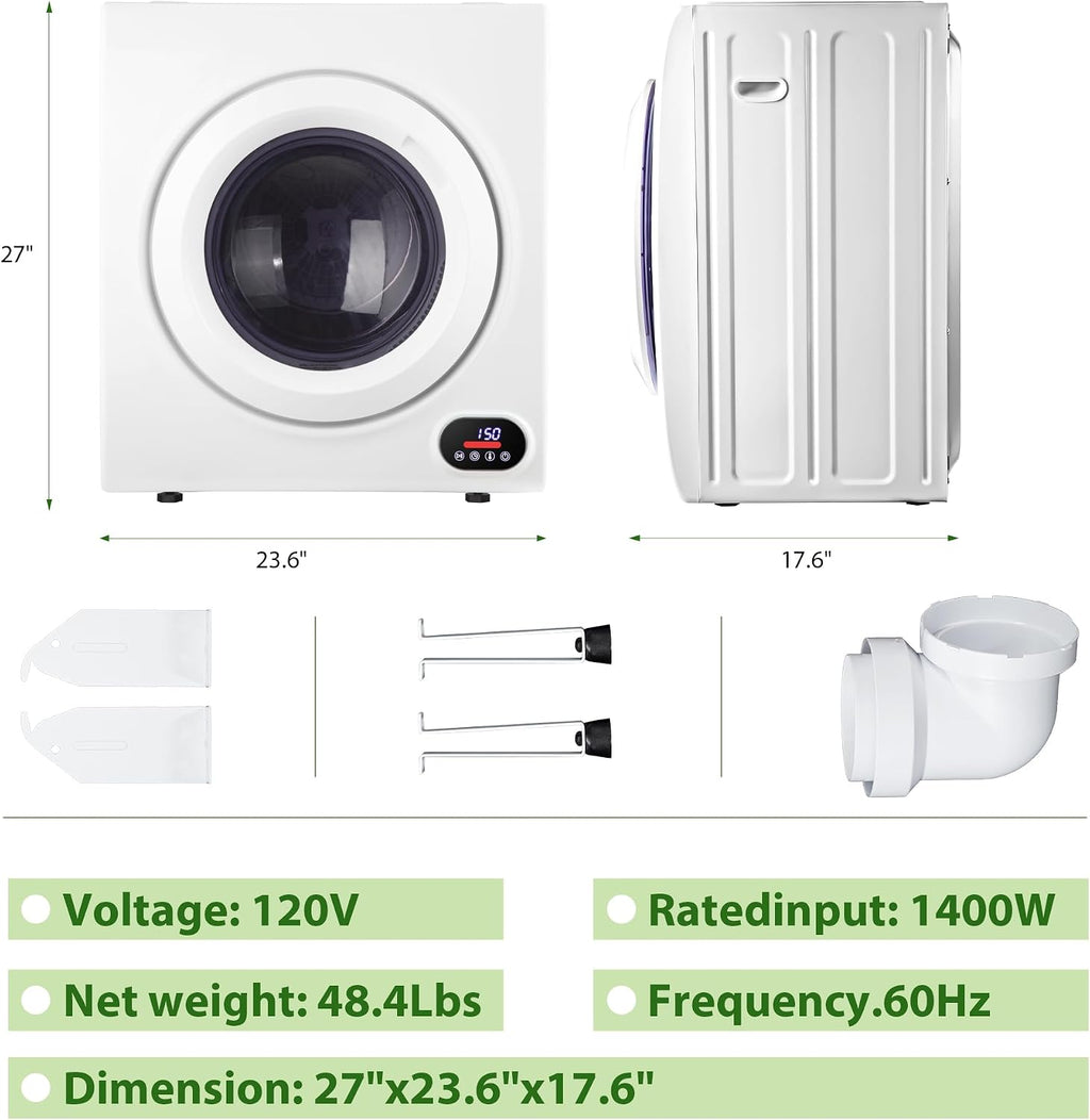 Euhomy Compact Laundry Dryer, 2.65 cu ft Front Load Stainless Steel Clothes Dryers With Exhaust Pipe, 1400W, LCD Control Panel Four-Function Portable Dryer For Apartments, Home, Dorm, White