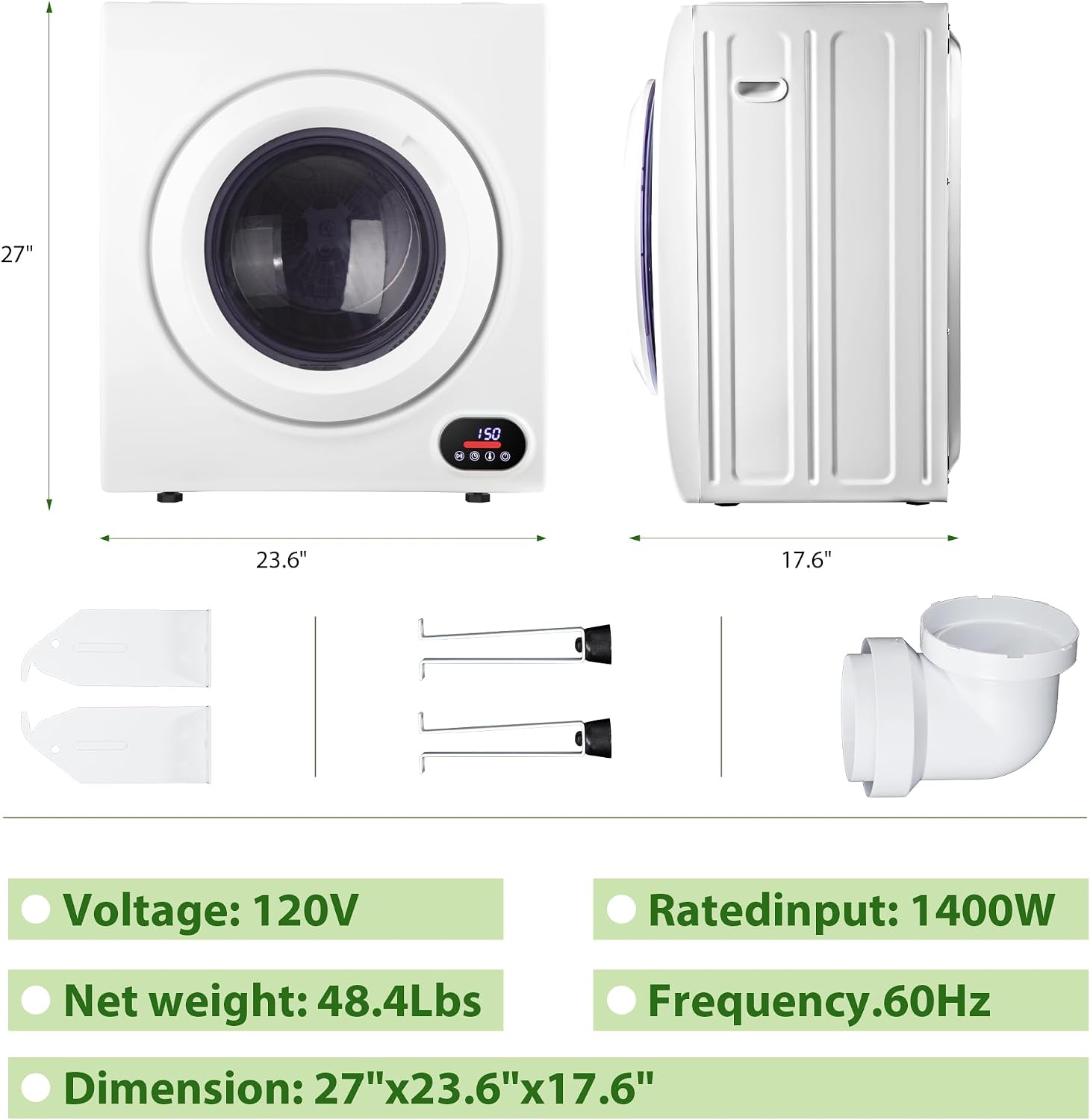 Euhomy Compact Laundry Dryer, 2.65 cu ft Front Load Stainless Steel Clothes Dryers With Exhaust Pipe, 1400W, LCD Control Panel Four-Function Portable Dryer For Apartments, Home, Dorm, White