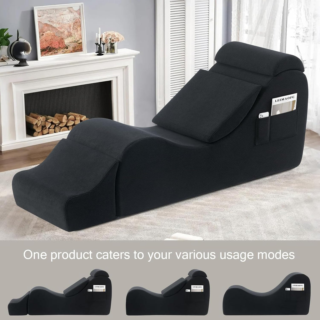 Yoga Chair Lounge for Adult, Ergonomic Chaise Lounge Chair with Side Pocket, Headrest, Waist Pad, Ottoman，Perfect for Stretching, Massage, and Relaxation, Used in Living Room, Bedroom（Black）