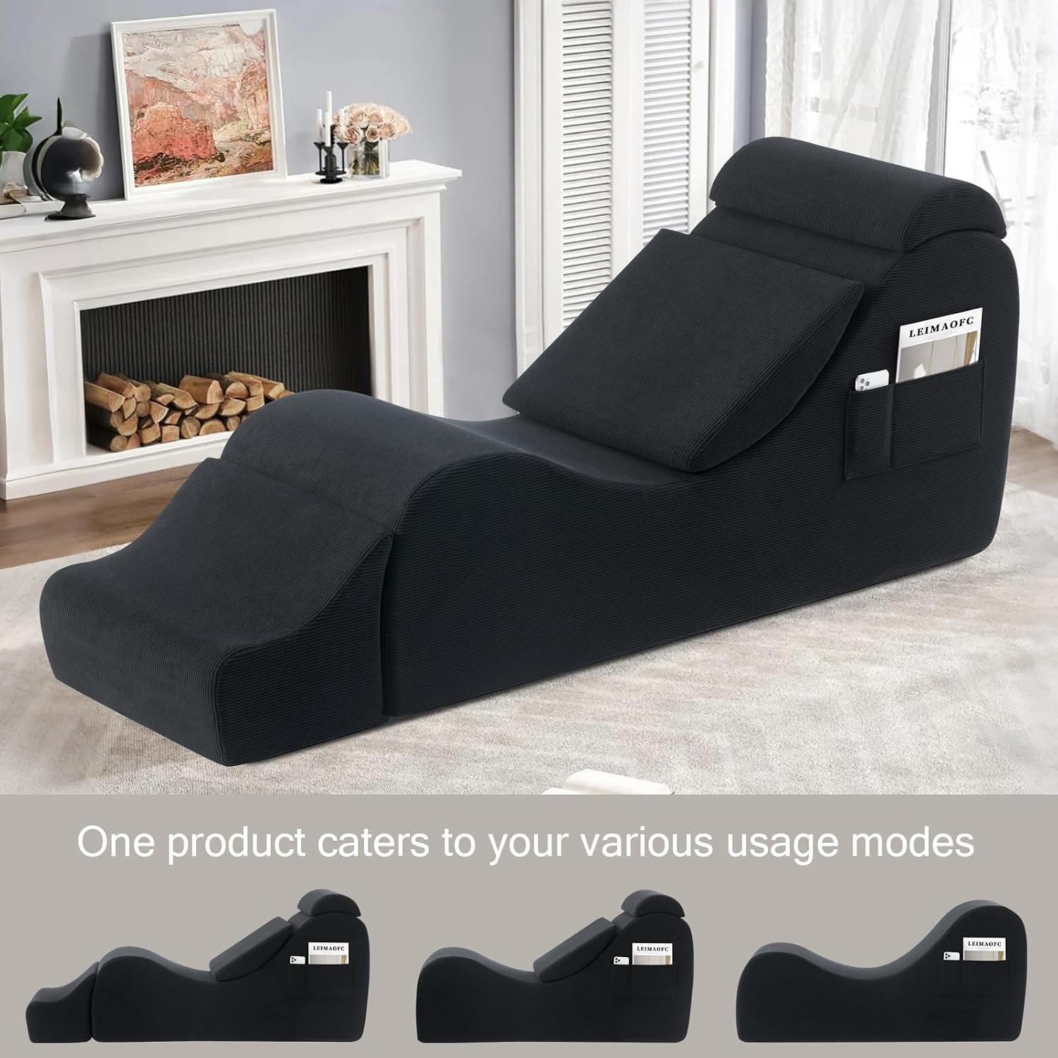 Yoga Chair Lounge for Adult, Ergonomic Chaise Lounge Chair with Side Pocket, Headrest, Waist Pad, Ottoman，Perfect for Stretching, Massage, and Relaxation, Used in Living Room, Bedroom（Black）