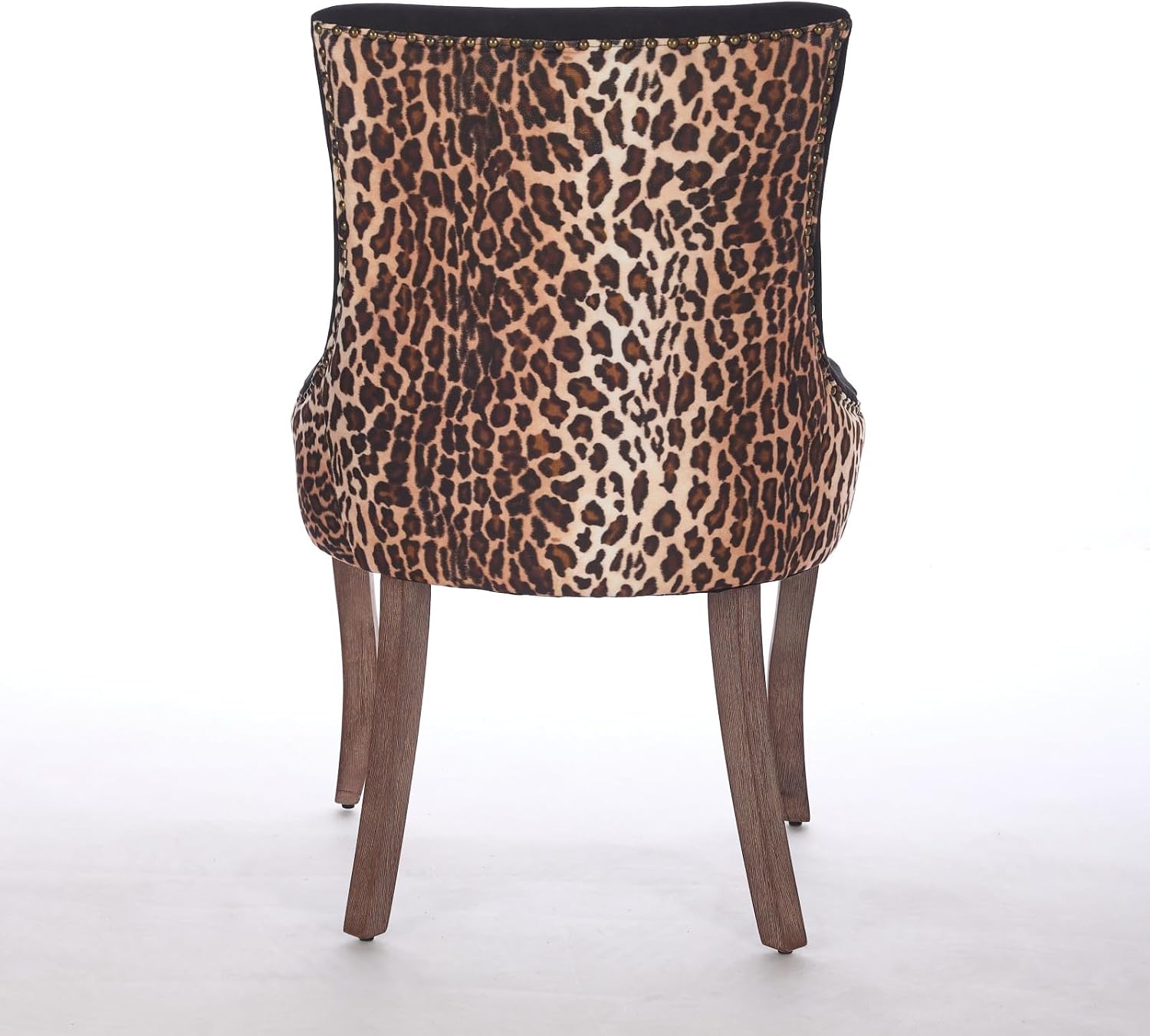 Ball & Cast Mid-century Upholstered Dining Chairs Set of 2, Thickened Fabric Wing Back Kitchen Side-Chairs with Bronze Nail Head & Toned Solid Wood Legs, Two Tone Traditional Chair,Black+Leopard Print