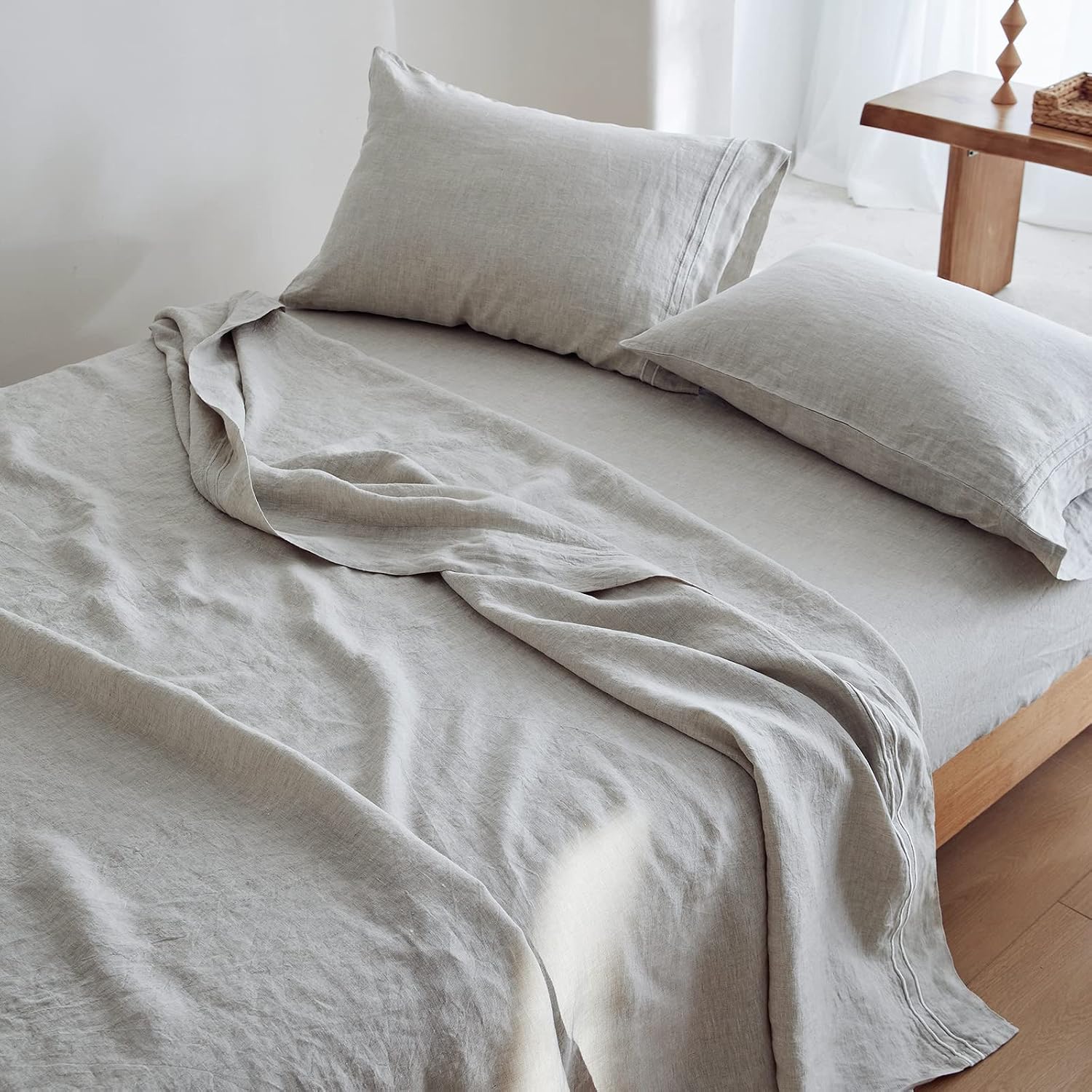 Simple&Opulence 100% Linen Sheet Set 4 Pieces Natural France Flax Bed Sheet (1 Flat Sheet, 1 Fitted Sheet, 2 Pillowcases) Breathable Luxury Hotel Bedding - Embroidery Linen, Queen Size
