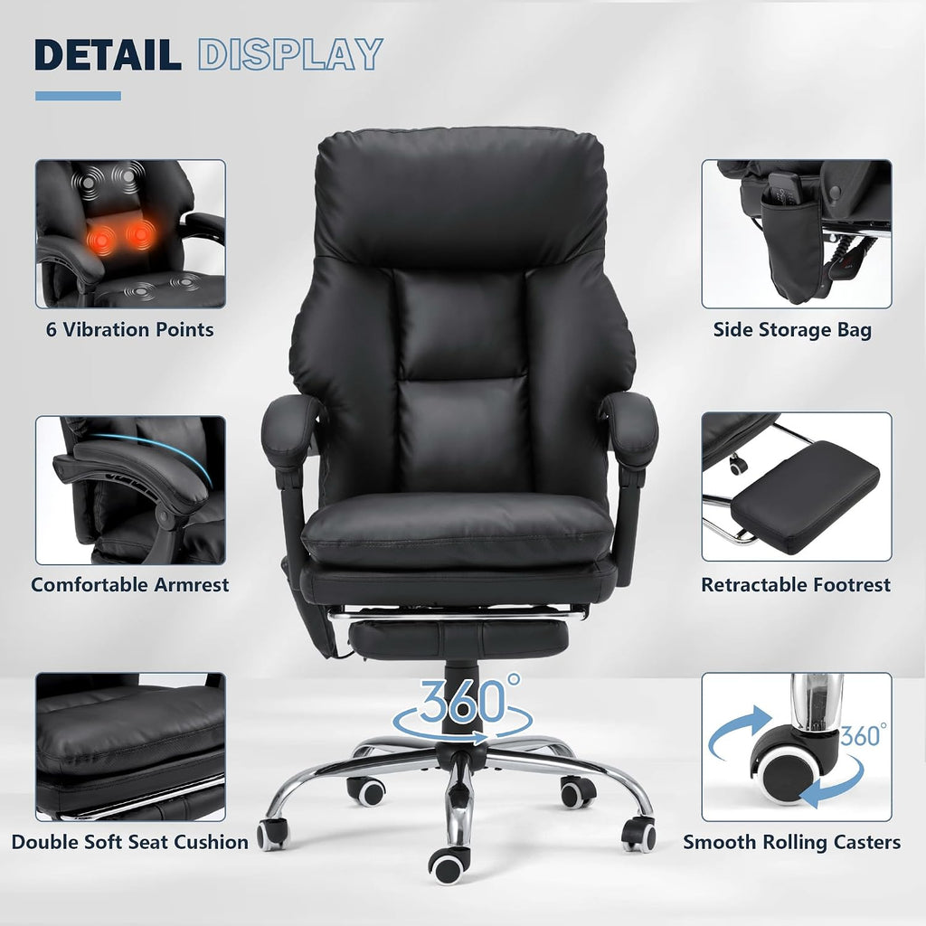 HOMREST Ergonomic Office Chair with 6-Point Massage & Heating, Adjustable Executive Desk Chairs with Retractable Footrest, PU Leather Home Office Desk Chair for Home & Office (Black)
