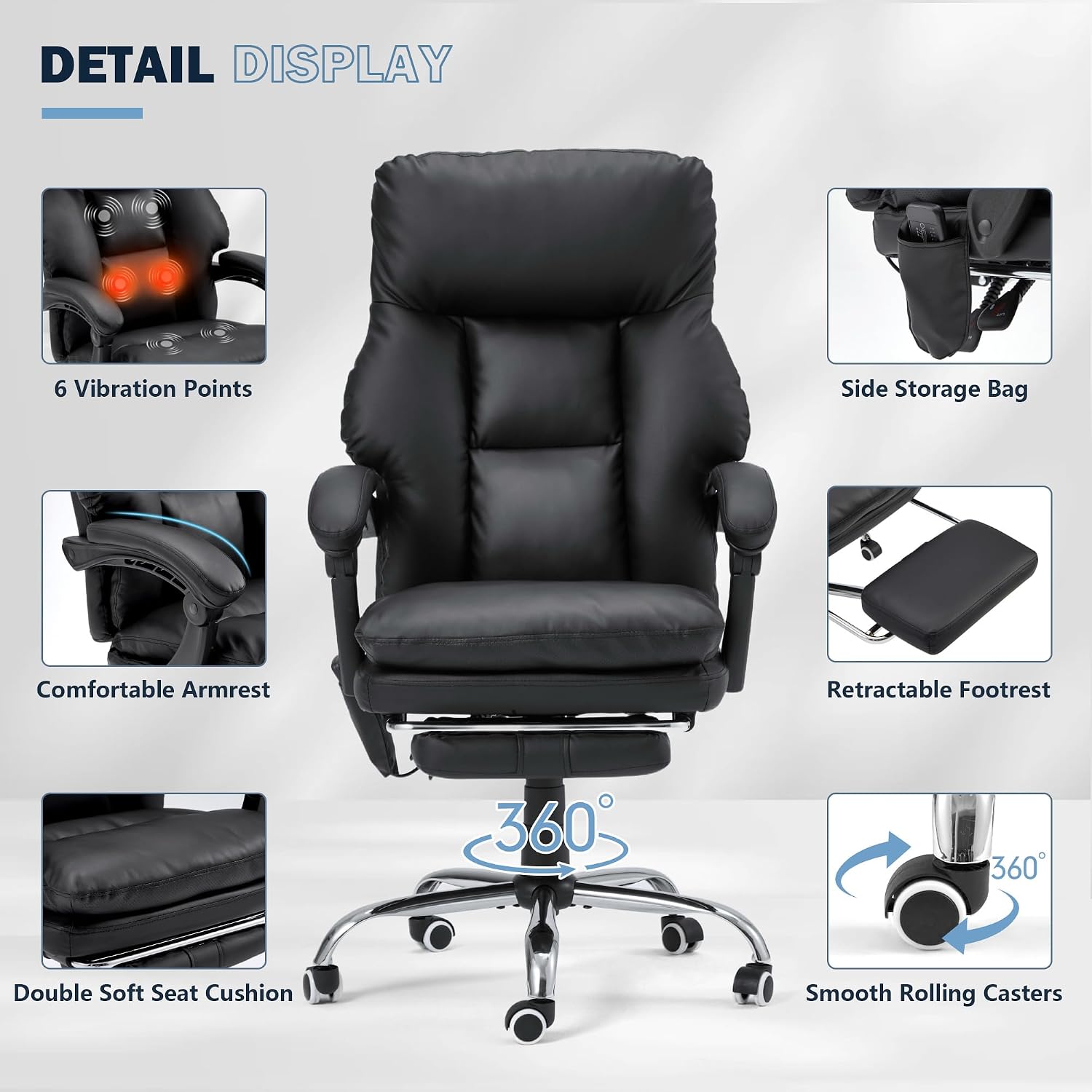 HOMREST Ergonomic Office Chair with 6-Point Massage & Heating, Adjustable Executive Desk Chairs with Retractable Footrest, PU Leather Home Office Desk Chair for Home & Office (Black)