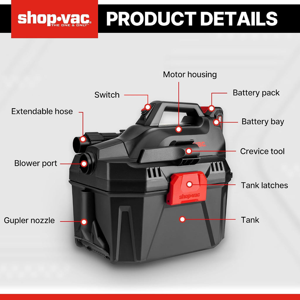 Shop-Vac 5430022 Cordless 2-in-1 Wet/Dry Vac and Blower, 1.5 Inch Diameter x 5 Foot Hose, Includes 20V Rechargeable Battery, Lightweight Design