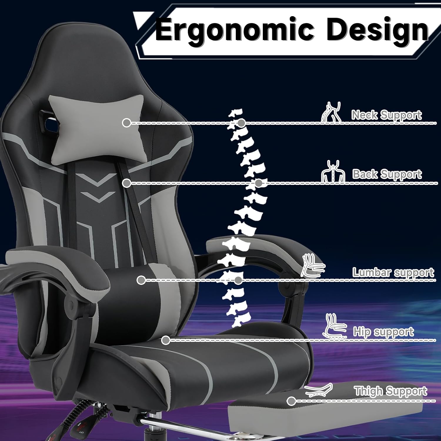 Gaming Chair with Massage and Footrest, Ergonomic High Back PC Racing Chair, 300LBS Capacity with Adjustable Lumbar Support & Headrest for Office and Desk (Model D, Black+Grey)
