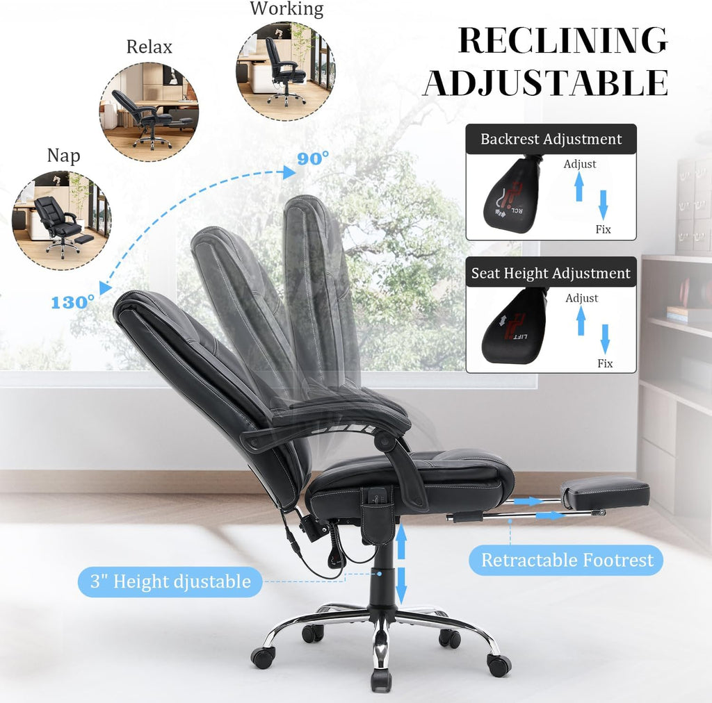 HOMREST 4-Point Massage Executive Office Chair with Footrest,Heated Reclining Chair with Lumbar Back Support,Ergonomic Desk Chair with Armrest, Computer Desk Chair for Home Office(Black)