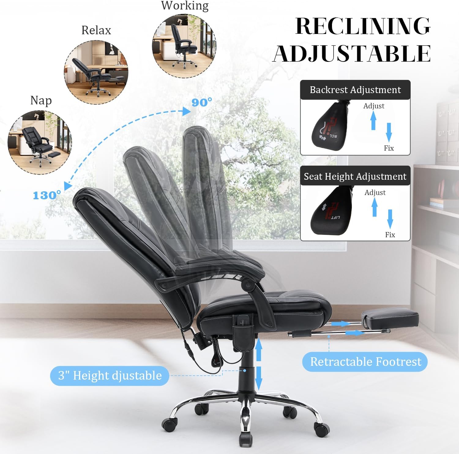 HOMREST 4-Point Massage Executive Office Chair with Footrest,Heated Reclining Chair with Lumbar Back Support,Ergonomic Desk Chair with Armrest, Computer Desk Chair for Home Office(Black)