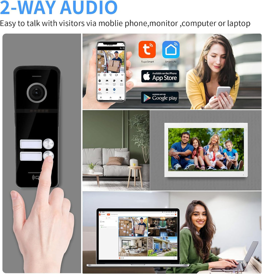 ANJIELO SMART Wired & Wireless Video Intercom System, 2 Units 10 Inch Touch Monitor, Wireless WiFi Video Doorbell, 3 in 1 Unlock, Dual Way Audio, Black and White