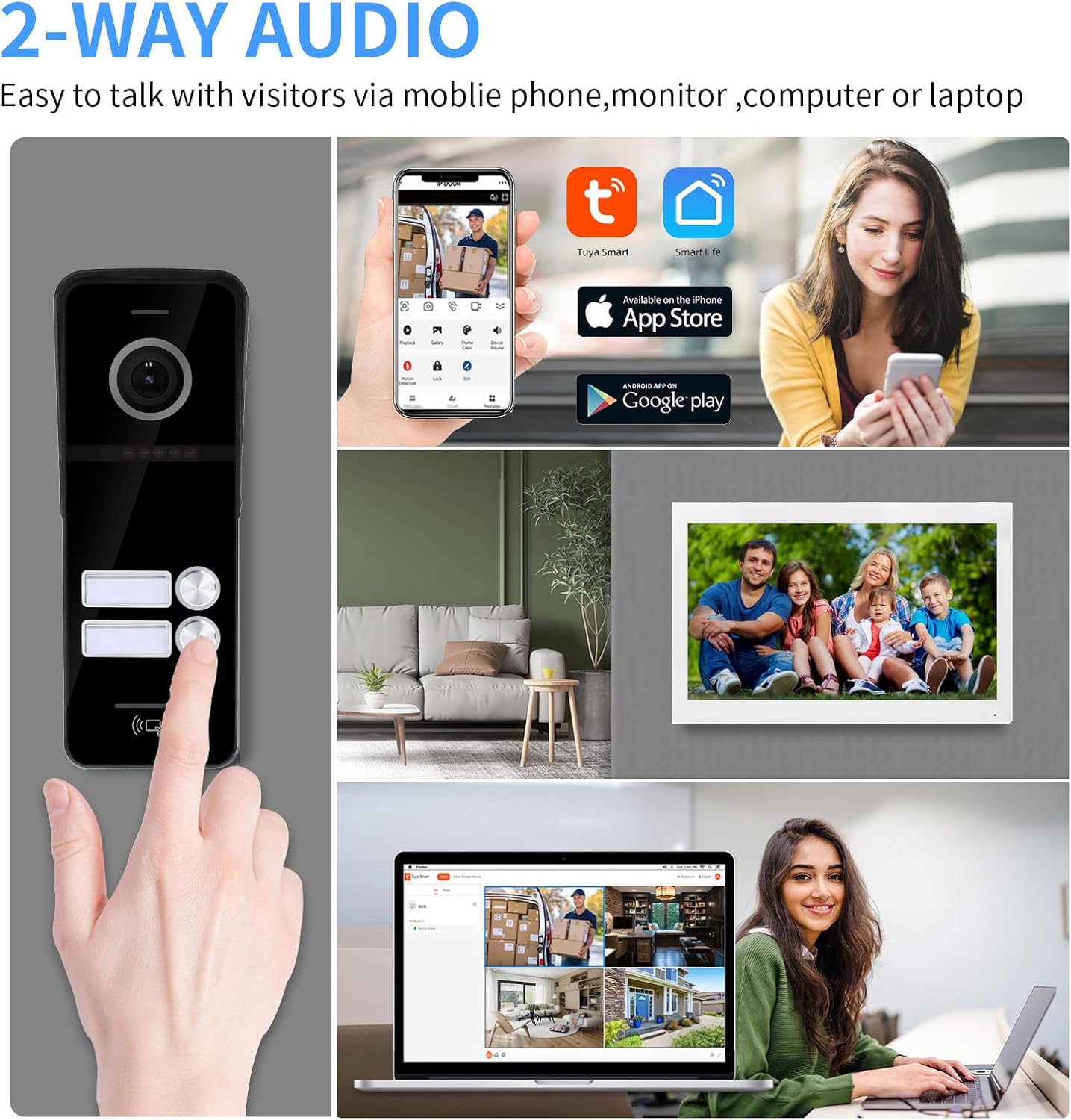 ANJIELO SMART Wired & Wireless Video Intercom System, 2 Units 10 Inch Touch Monitor, Wireless WiFi Video Doorbell, 3 in 1 Unlock, Dual Way Audio, Black and White
