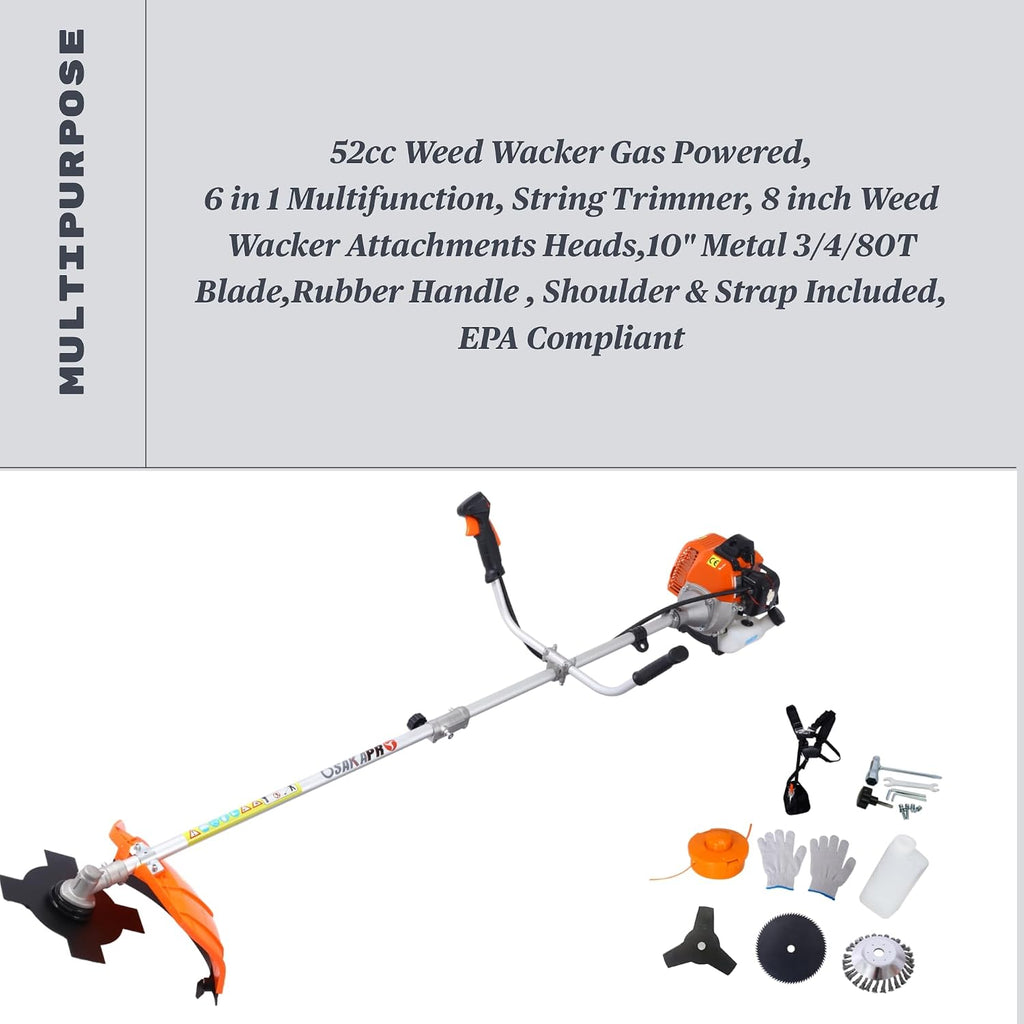 52cc 2-Cycle Gas Multi-Trimmer | 6-in-1 String Trimmer w/Rotatable Pole Saw, Weed Eater Weed Wacker, Brush Cutter & Hedge Trimmer Gas for Lawn, Yard, Garden Care, All-in-one Garden Tool