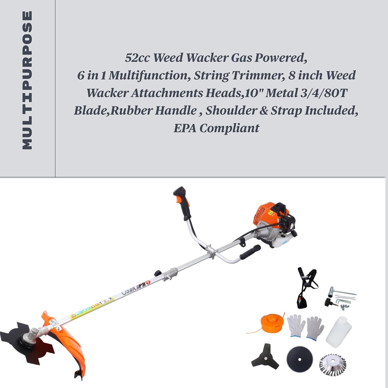 52cc 2-Cycle Gas Multi-Trimmer | 6-in-1 String Trimmer w/Rotatable Pole Saw, Weed Eater Weed Wacker, Brush Cutter & Hedge Trimmer Gas for Lawn, Yard, Garden Care, All-in-one Garden Tool