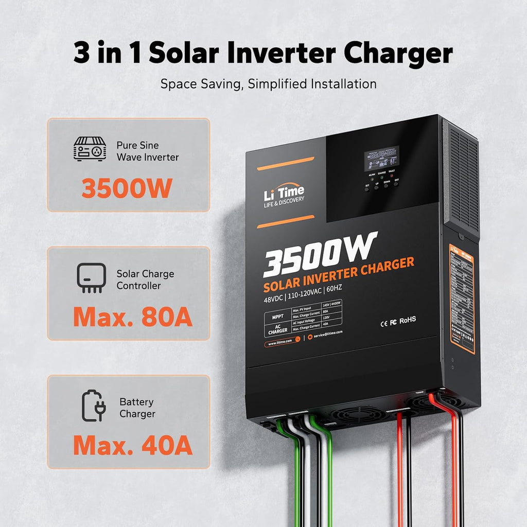 LiTime 3500W Solar Hybrid Inverter, 48V DC to 120V AC All-in-One Solar Inverter Charger, Built in 80A MPPT Charge Controller, for 48V Lead Acid/LiFePO4 Battery, Home Energy Storage, Off-Grid