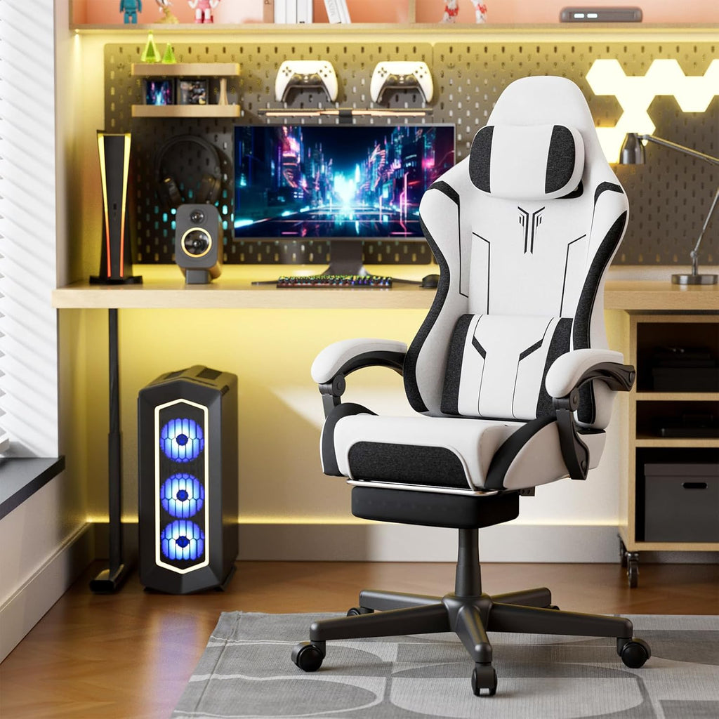 Ferghana Gaming Chair, Cloth Fabric Ergonomic Computer Chair with Massage Lumbar Support, High Back Office Game Chair with Footrest and Linkage Armrest for Adult, White/Black