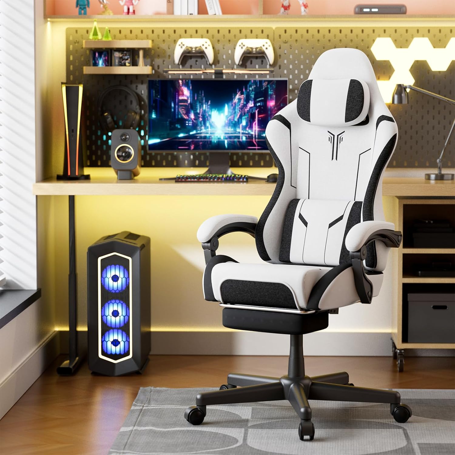Ferghana Gaming Chair, Cloth Fabric Ergonomic Computer Chair with Massage Lumbar Support, High Back Office Game Chair with Footrest and Linkage Armrest for Adult, White/Black