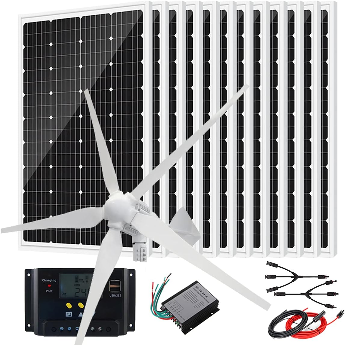 2440W Solar Panel Wind Turbine Generator Kit with 1000W 48V Windmill and 12pcs 120W Monocrystalline Glass Solar Panels for Home Farm Green House