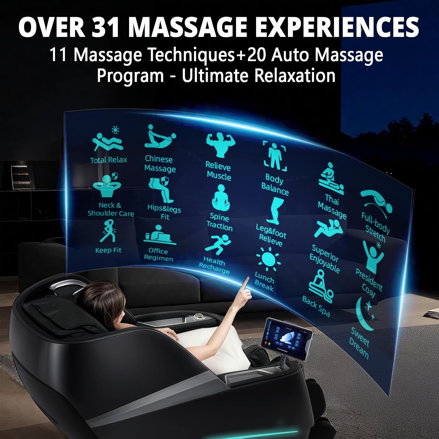 HealthRelife 4D Massage Chair Full Body Zero Gravity Recliner - 55' SL-Track,20 Auto Modes,11 Massage Technique,40 Airbags Massage,with Yoga Stretch,APP Control,Negative Oxygen lons (Black)