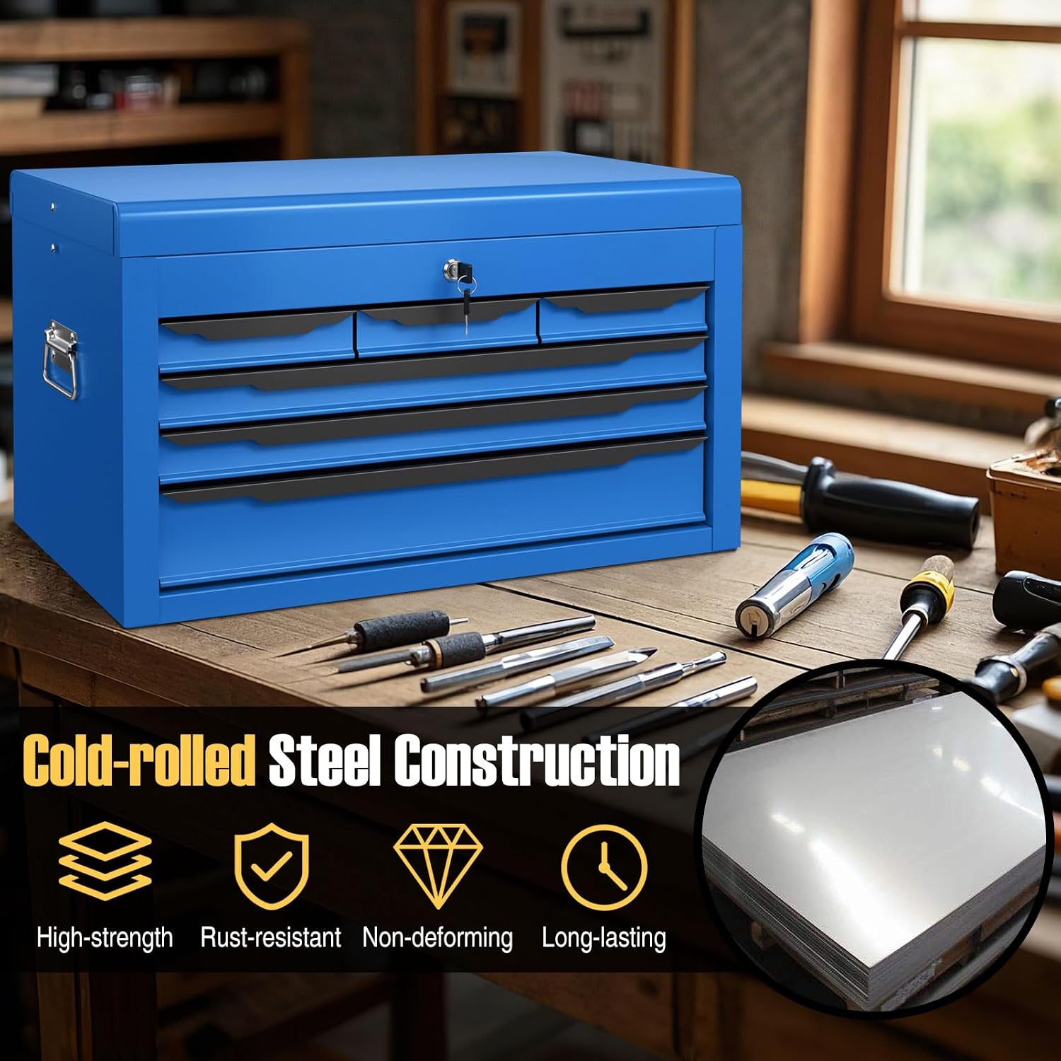 Tool Box, 6-Drawer Steel Tool Chest with Top Storage Automatic Lock & EVA Liner, Portable Tool Storage Organizer for Repair Shop Garage Warehouse (Blue)