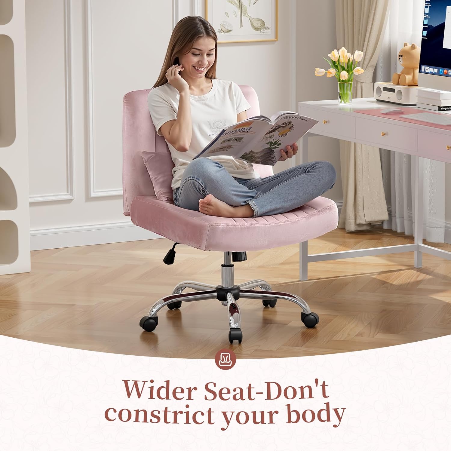 Velvet Criss Cross Chair with Wheels, Luxury Cross Legged Office Chair, Comfy Desk Chair for Home Office, Wide Seat Computer Chair, Armless Vanity Chair, Birthday Gift for Girls & Women, Blush Pink