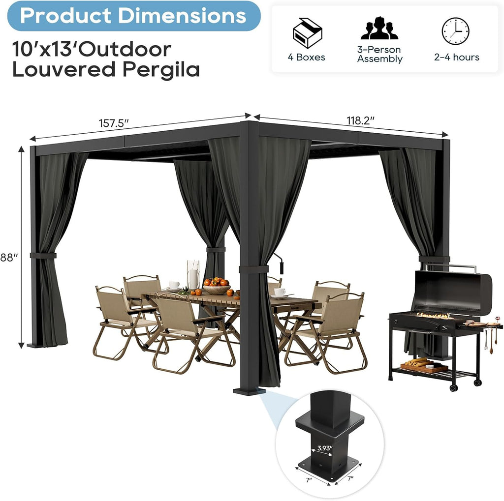 10'×13' Outdoor Louvered Pergola, Aluminum Outdoor Louvered Pergola Patio with Adjustable Roof for Outdoor Deck, Backyard, Garden (10X13FT)
