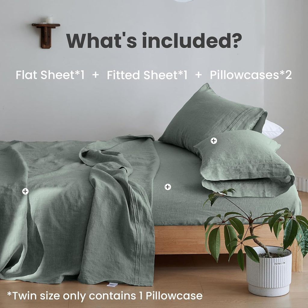 Simple&Opulence 100% Linen Sheet Set 4 Pieces Natural France Flax Bed Sheet (1 Flat Sheet, 1 Fitted Sheet, 2 Pillowcases) Breathable Luxury Hotel Bedding - Embroidery Cushing Green, King Size