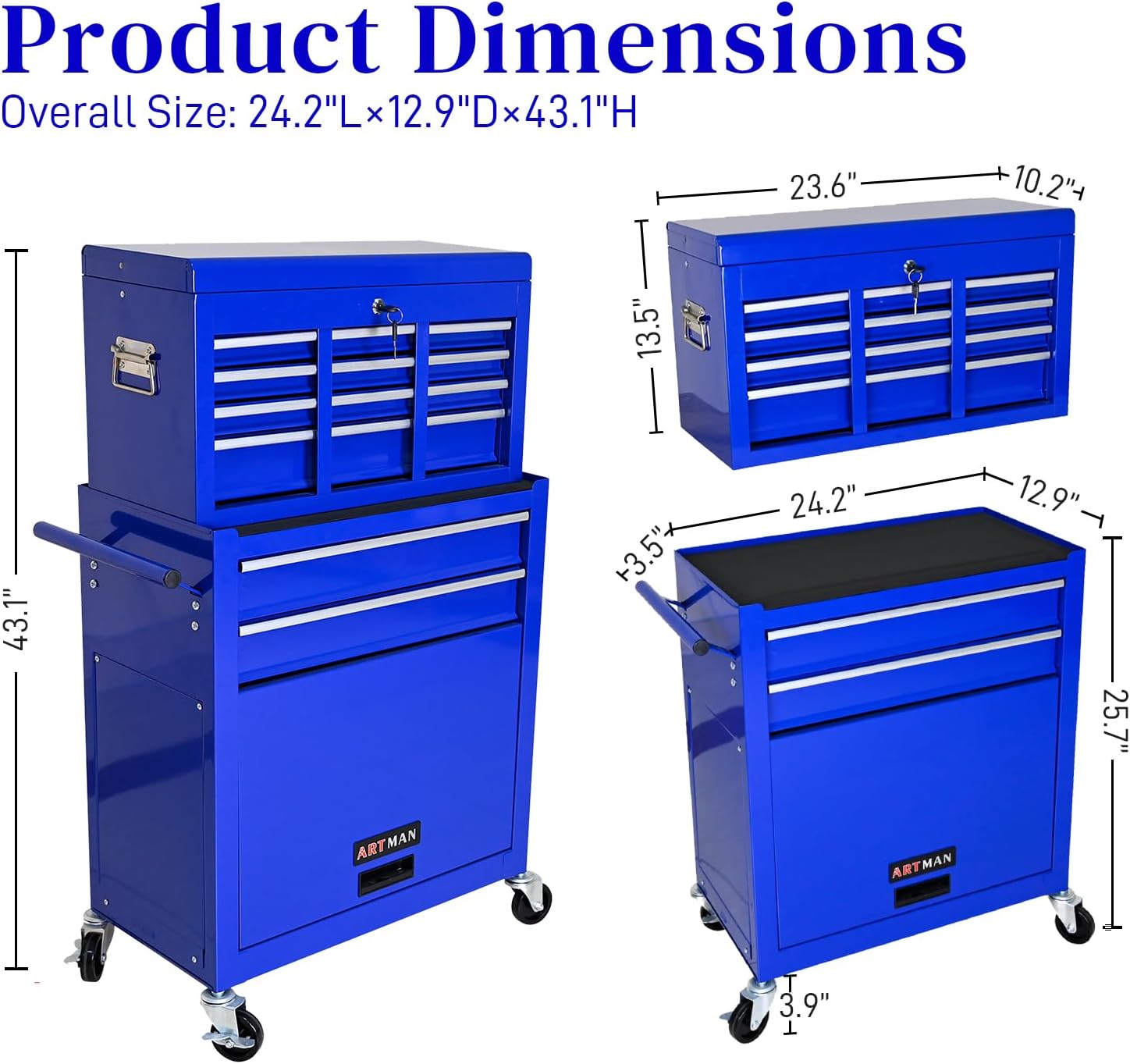 High Capacity Rolling Tool Chest with 8-Drawer Tool Box on Wheels Multifunctional Tool Cart Mechanic Tool Storage Cabinet for Garage, Warehouse, Workshop, Repair Shop (Blue)
