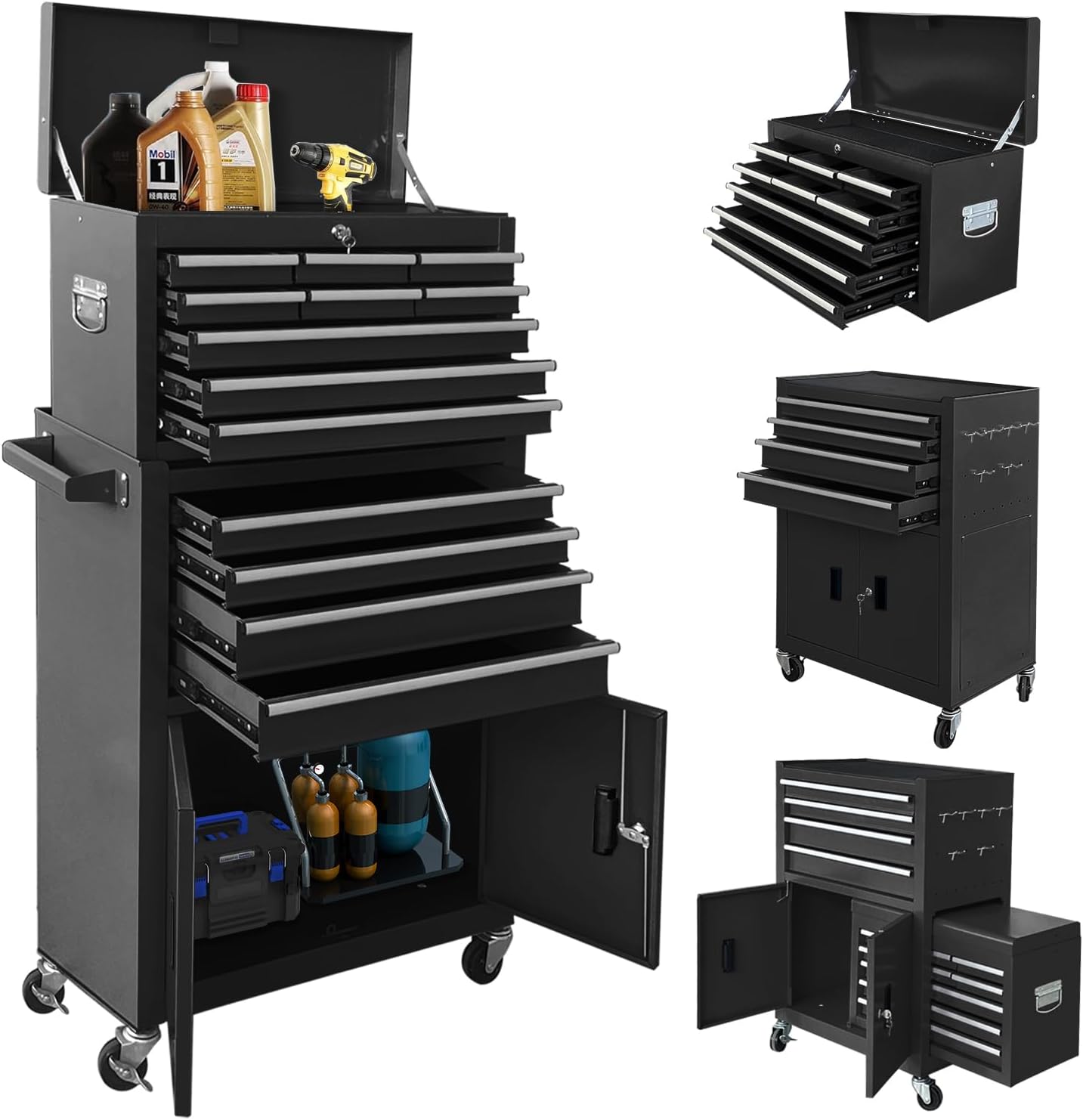 13-Drawer Rolling Tool Chest with Double Doors, 2 in 1 Detachable Rolling Tool Chest Combo, Mobile Tool Cabinet with Drawers, Metal Large Lockable Tool Box for Garage Workshop (Black)